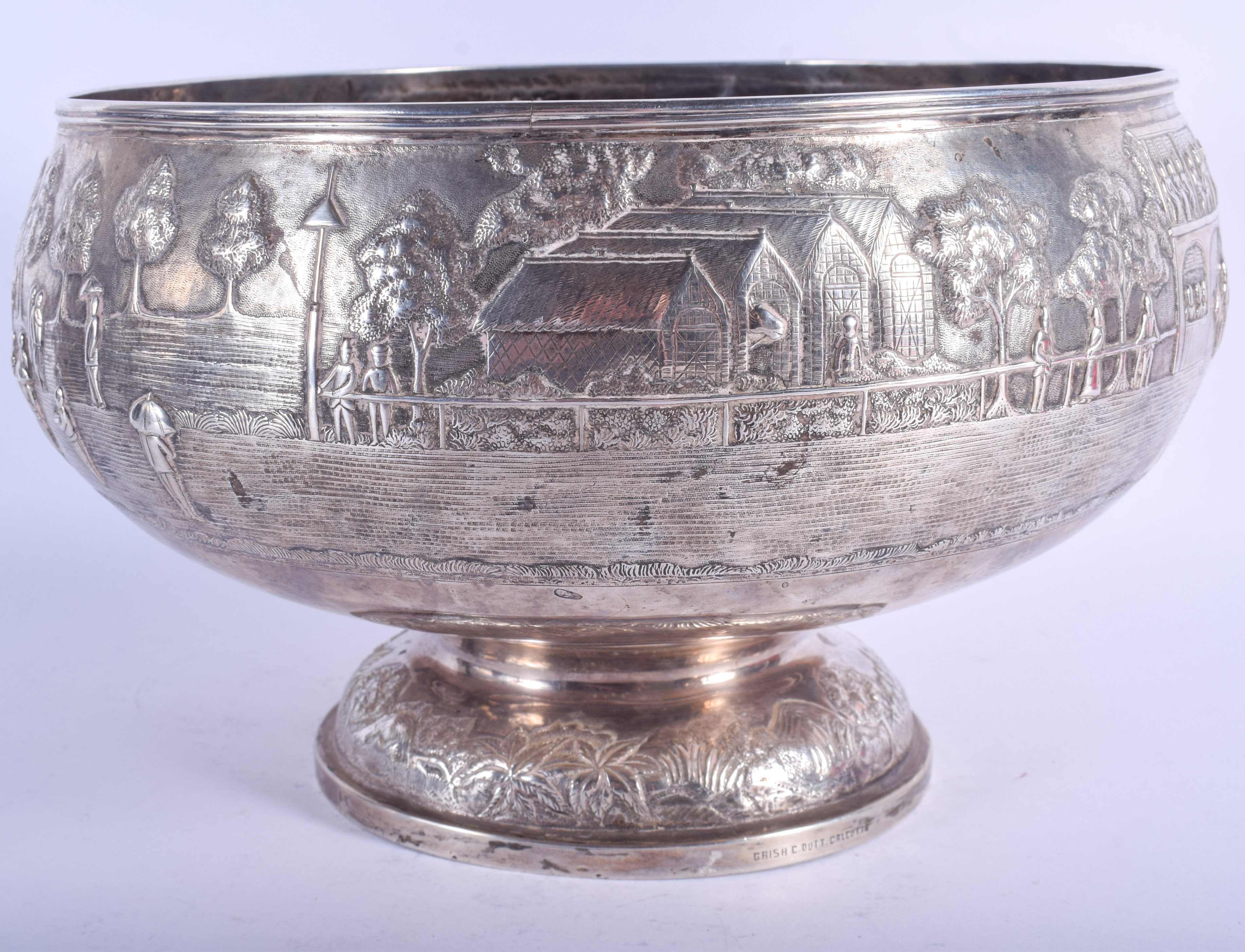 A GOOD 19TH CENTURY INDIAN COLONIAL KUTCH SILVER EMBOSSED BOWL decorated with figures within landsca - Image 4 of 6