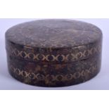 AN EARLY 19TH CENTURY REGENCY GOLD INLAID TORTOISESHELL BOX decorated with motifs. 8 cm diameter.