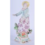 18TH C. DERBY GOOD FIGURE OF A DANCING GIRL STANDING ON A ROCOCO SCROLL BASE. 18 high and 8cm wide