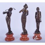 THREE ART NOUVEAU STYLE BRONZE FIGURES. Largest 23 cm high. (3)