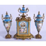 A GOOD 19TH CENTURY FRENCH PORCELAIN AND BRONZE CLOCK GARNITURE painted with figures within landscap
