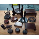 A BOX OF FIFTEEN 19TH/20TH CENTURY CHINESE CARVED HARDWOOD STANDS in various forms and sizes. (15)