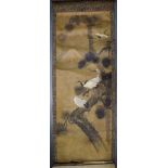 A RARE 19TH CENTURY JAPANESE MEIJI PERIOD SILKWORK SCROLL depicting birds. Image 123 cm x 47 cm.