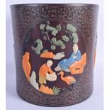 A RARE EARLY 20TH CENTURY CHINESE SILVER INLAID HARDSTONE BRUSH POT Bitong, decorated with scholars