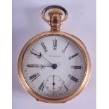 AN ANTIQUE GOLD PLATED WALTHAM POCKET WATCH. 5.25 cm wide.