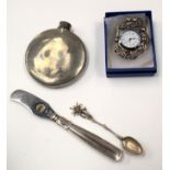 A WHITE METAL CLOCK together with a silver handled bottle opener etc. (4)