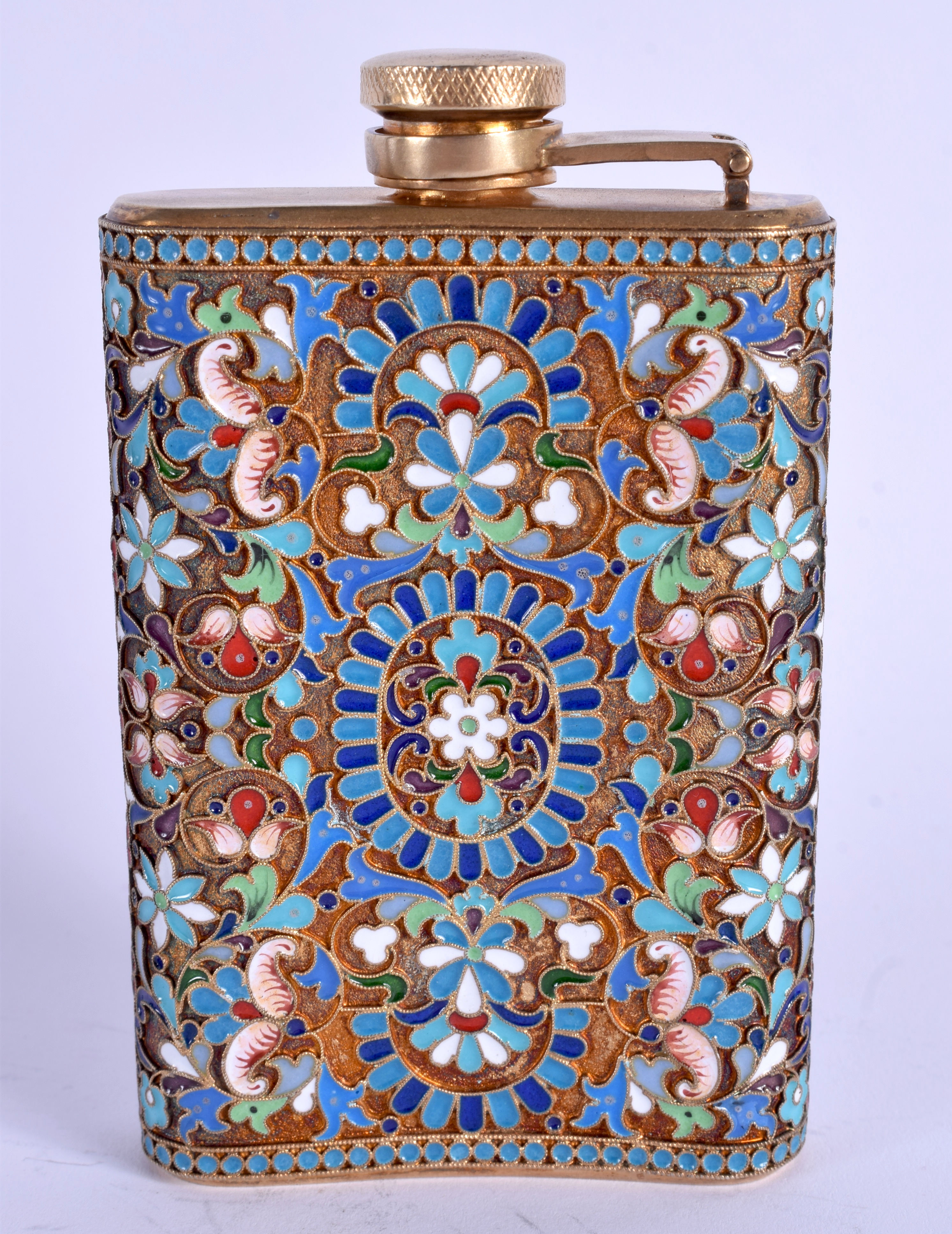 AN UNUSUAL CONTINENTAL SILVER AND ENAMEL HIP FLASK decorated with foliage. 8 oz. 11.5 cm x 7.5 cm. - Image 2 of 4