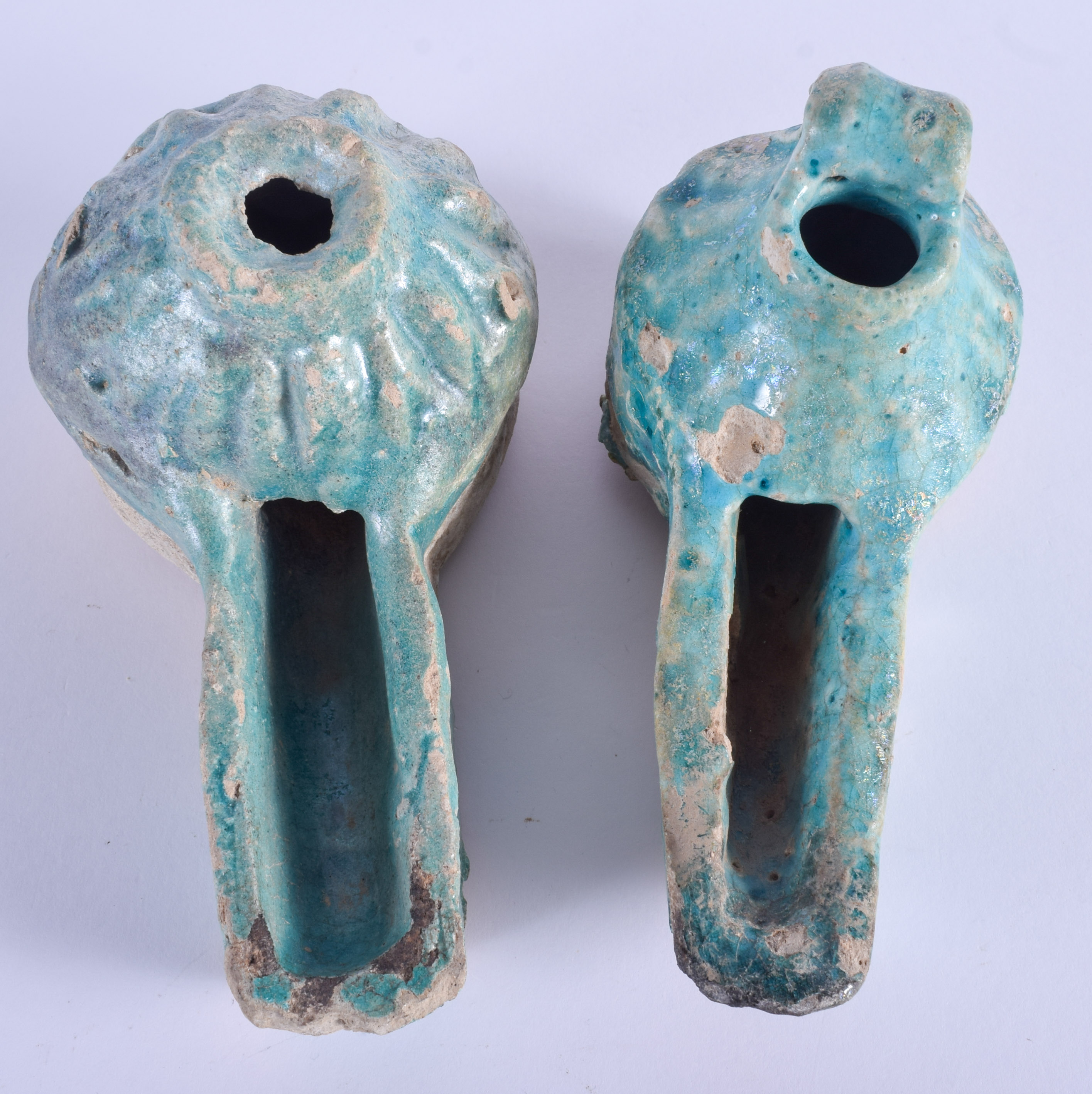 A PAIR OF 12TH/13TH CENTURY PERSIAN TURQUOISE GLAZED OIL LAMPS Iran. 14 cm x 7 cm. (2) - Image 3 of 4