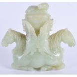 AN UNUSUAL EARLY 20TH CENTURY CHINESE CARVED BOWENITE JADE VASE AND COVER formed as opposing horses.