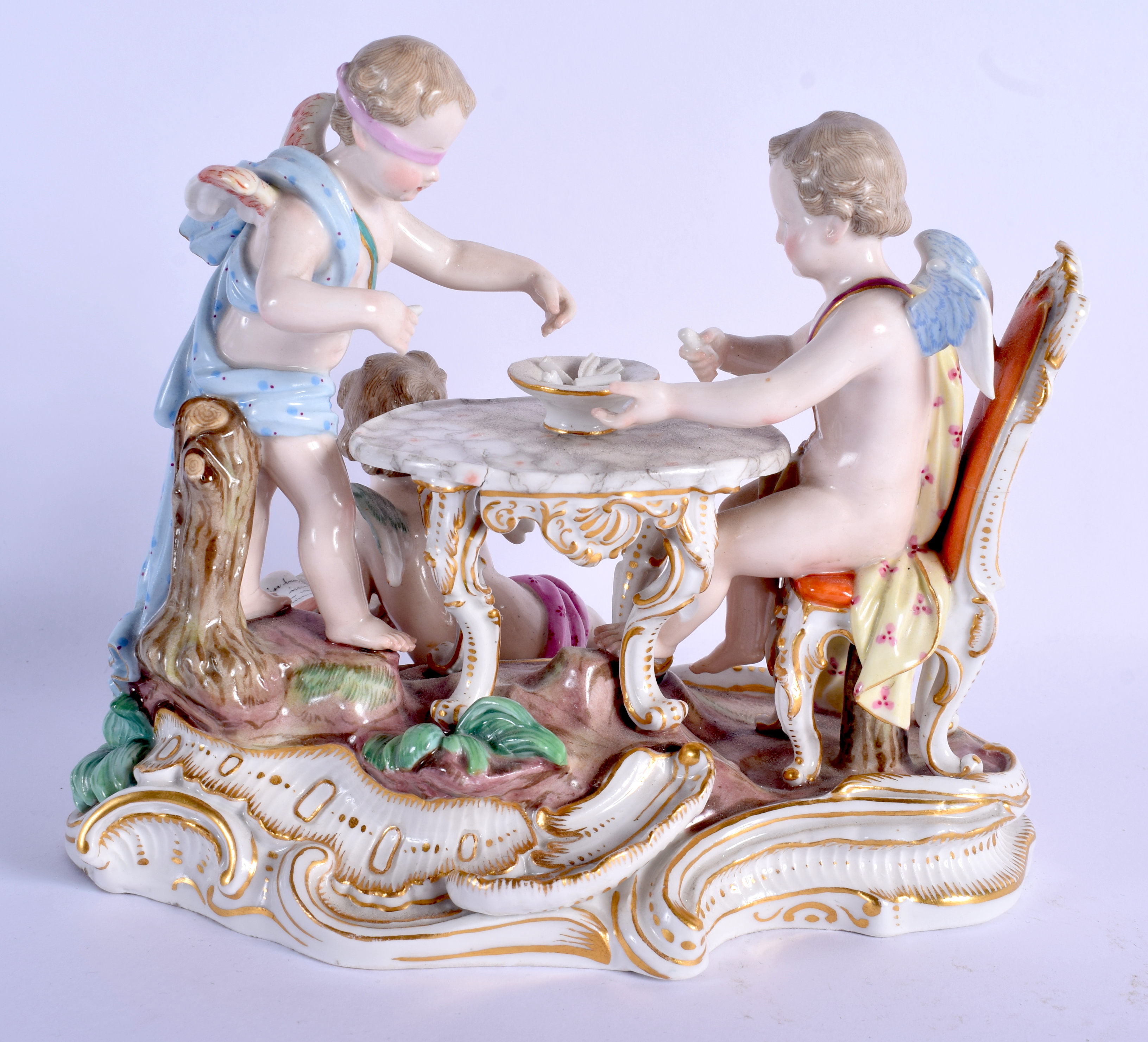 A LARGE 19TH CENTURY MEISSEN PORCELAIN FIGURAL GROUP modelled as putti playing blind mans bluff upon - Image 2 of 6