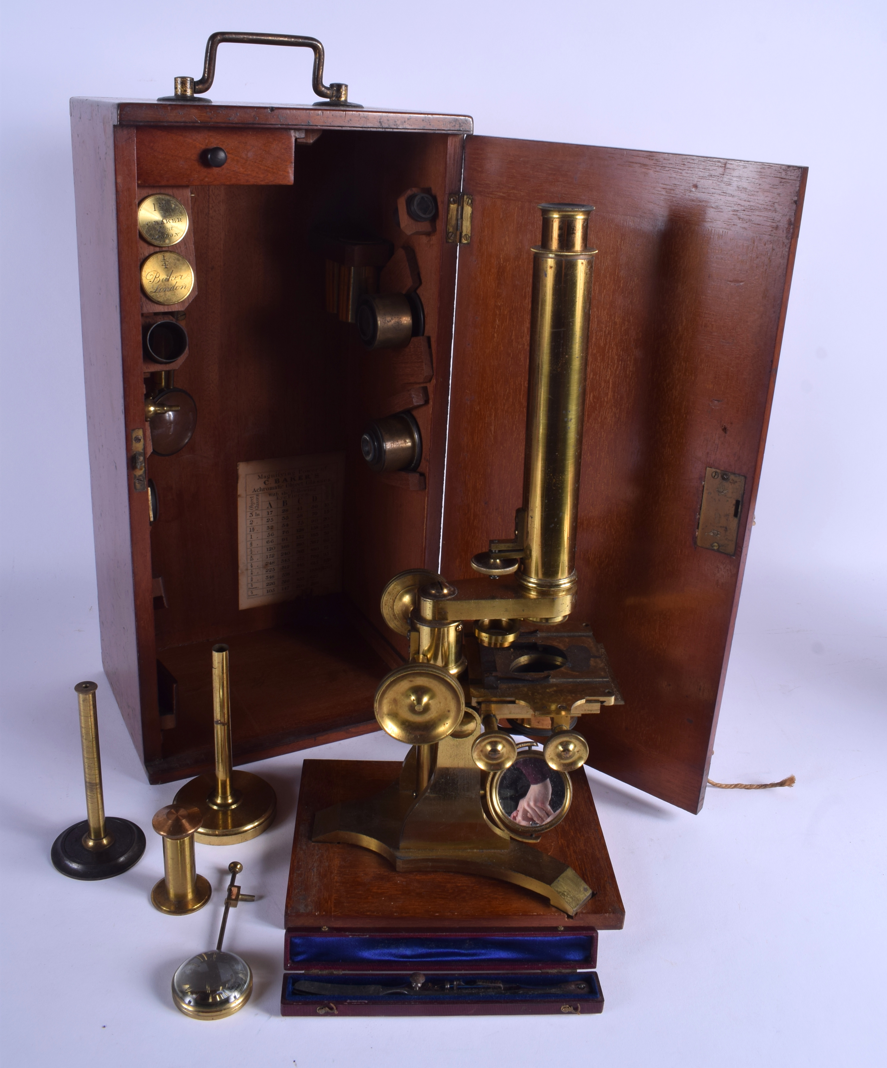 A GOOD LATE 19TH CENTURY CHARLES BAKER BRASS ENGLISH MICROSCOPE C1870 with various accessories and l - Image 3 of 4