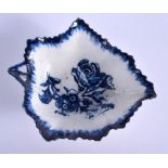 A RARE 18TH CENTURY DERBY LEAF SHAPED DISH with printed decoration, purchased 12-10-1981 at Christie