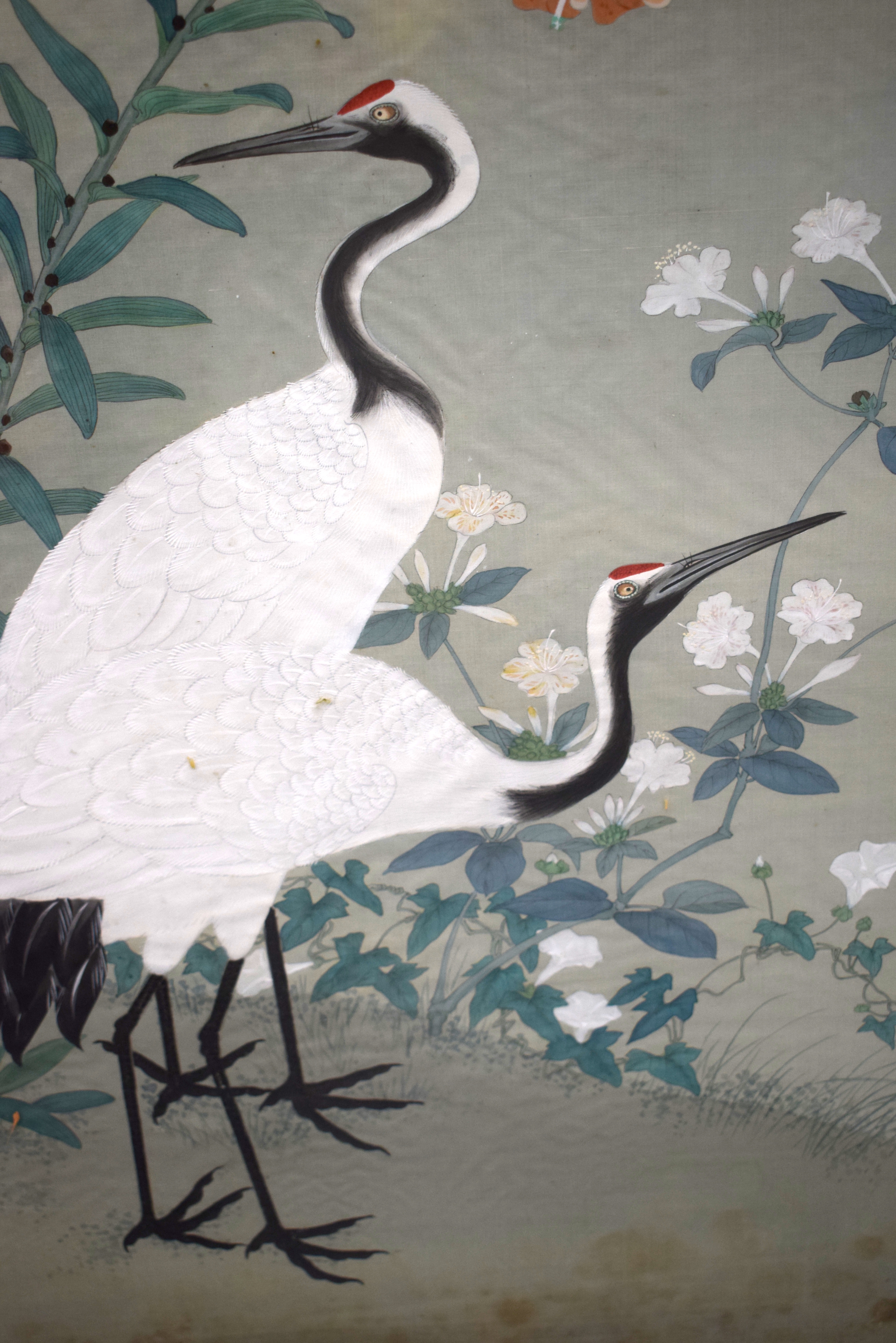 A 19TH CENTURY JAPANESE MEIJI PERIOD THREE PANEL SILKWORK SCREEN painted with birds within a landsca - Image 2 of 27