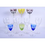 SIX BOHEMIAN COLOURED CUT GLASSES and four spiral glasses attributed to Waterford. (10)