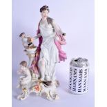 A GOOD LARGE 18TH CENTURY MEISSEN FIGURE OF A STANDING FEMALE C1760 modelled holding a fruit bowl be
