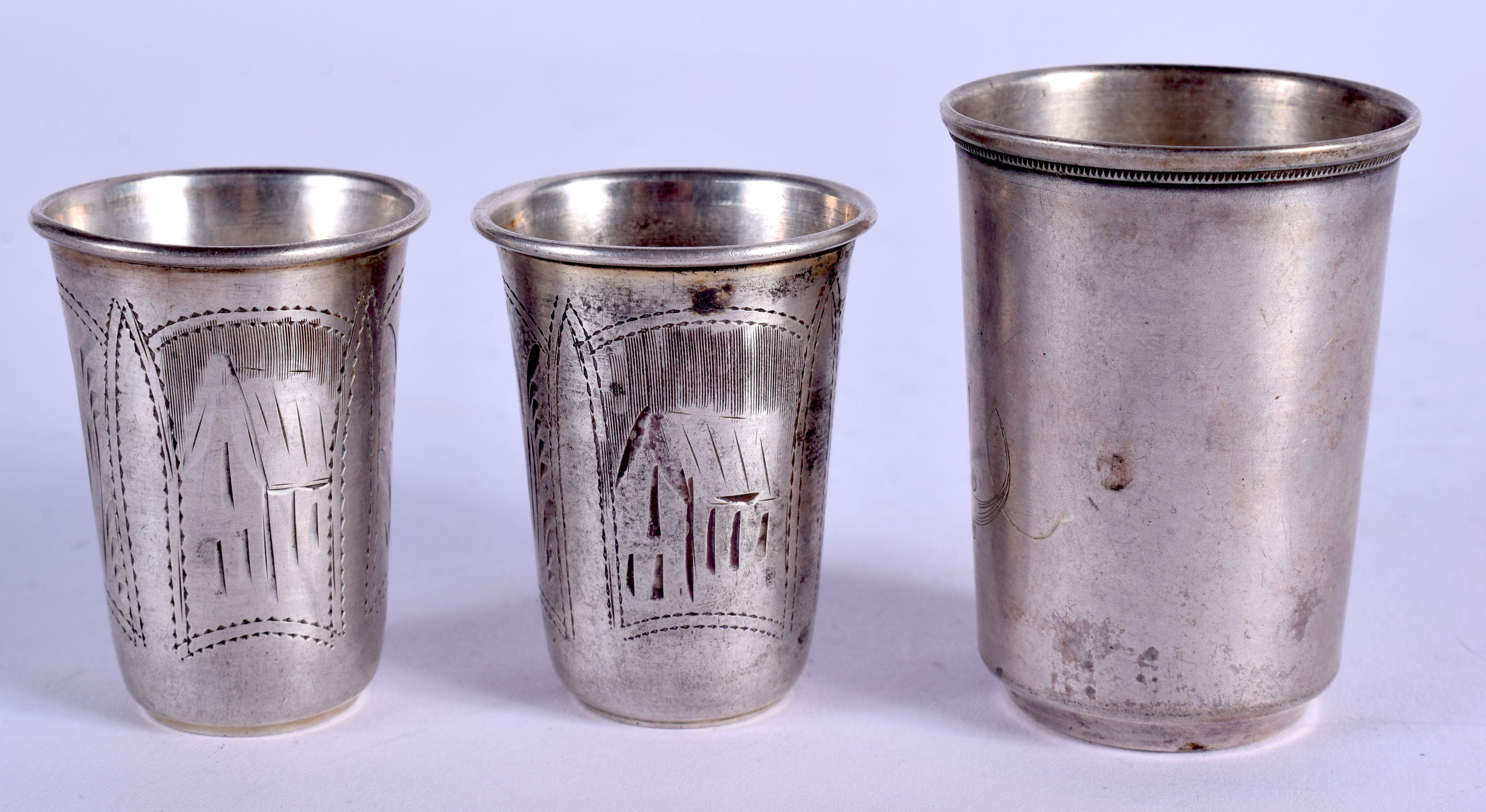 THREE ANTIQUE RUSSIAN SILVER BEAKERS. 1.7 oz. Largest 5 cm high. (3) - Image 2 of 6
