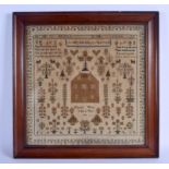 A MID 19TH CENTURY FRAMED EMBROIDERED SAMPLER by Elizabeth Warner C1843. Sampler 42 cm square.