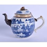 AN 18TH CENTURY ENGLISH BLUE AND WHITE TEAPOT AND COVER probably Caughley, decorated with landscapes