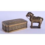 AN 18TH/19TH CENTURY INDIAN BRONZE HORSE together with brass snuff box. 9 cm & 13 cm wide. (2)