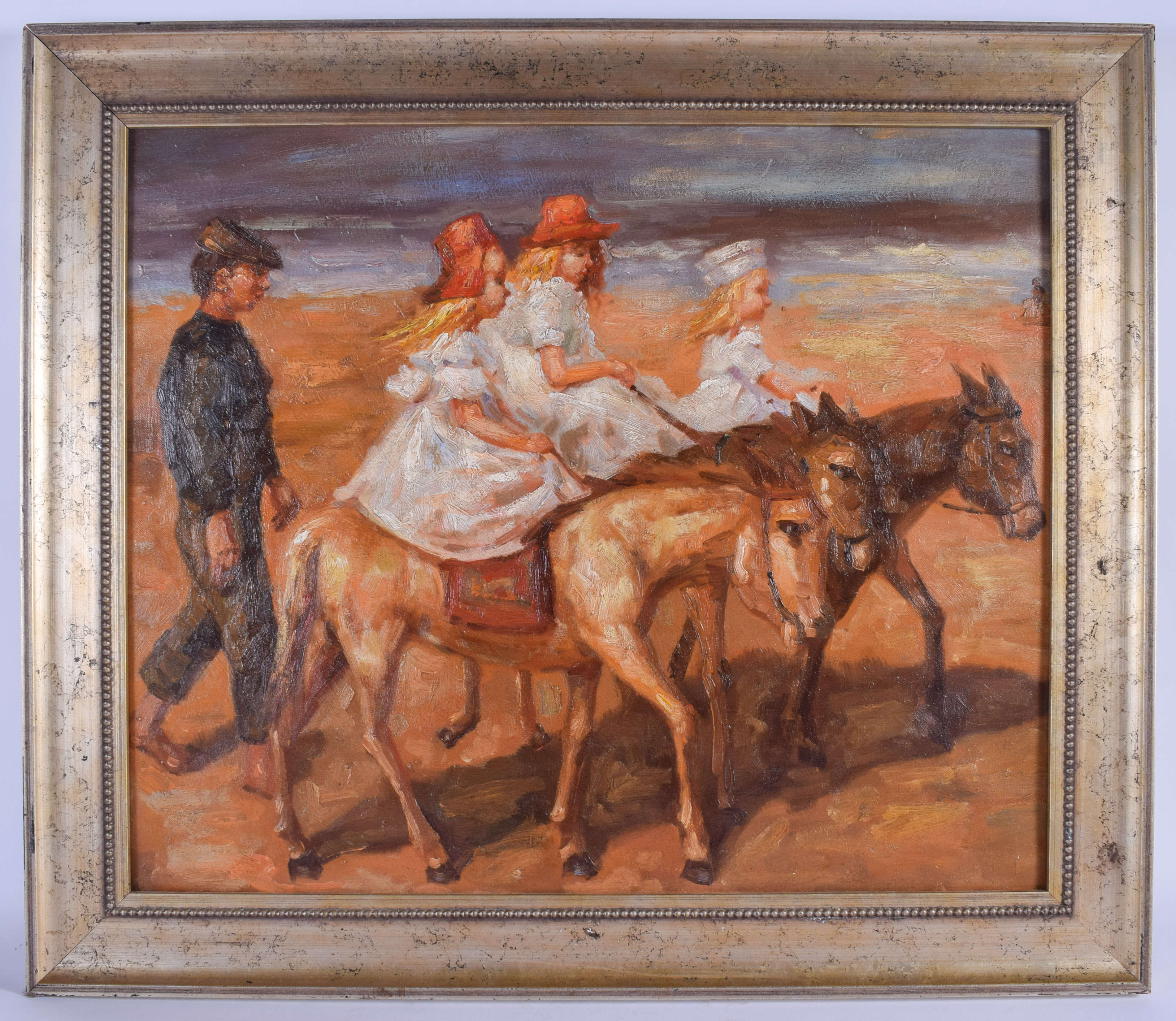 A CONTINENTAL OIL ON CANVAS Donkey rides at the beach. Image 60 cm x 47 cm.