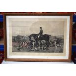 A LARGE ANTIQUE EQUESTRIAN FOX HUNTING ENGRAVING. 70 cm x 46 cm.