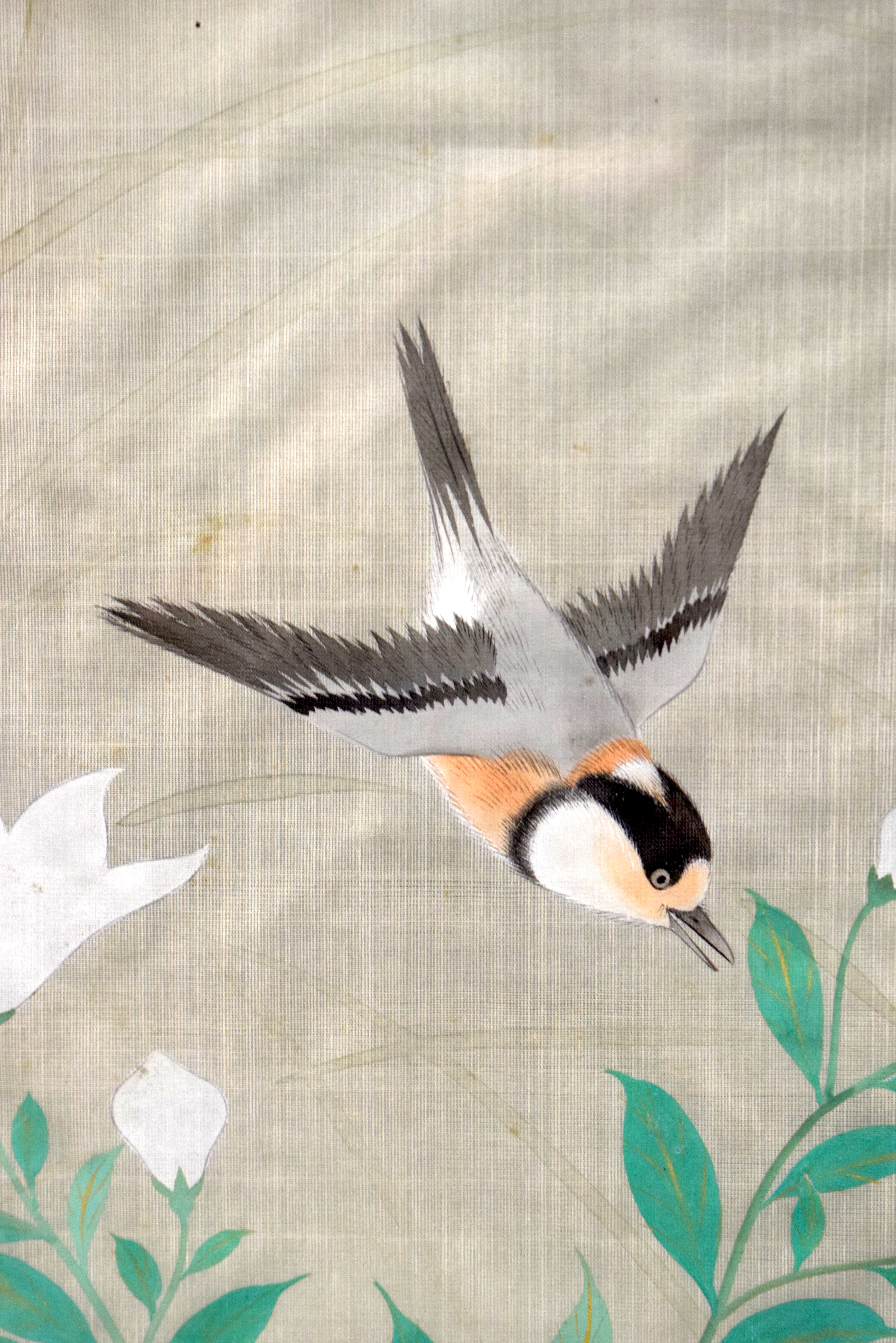 A 19TH CENTURY JAPANESE MEIJI PERIOD THREE PANEL SILKWORK SCREEN painted with birds within a landsca - Image 4 of 27