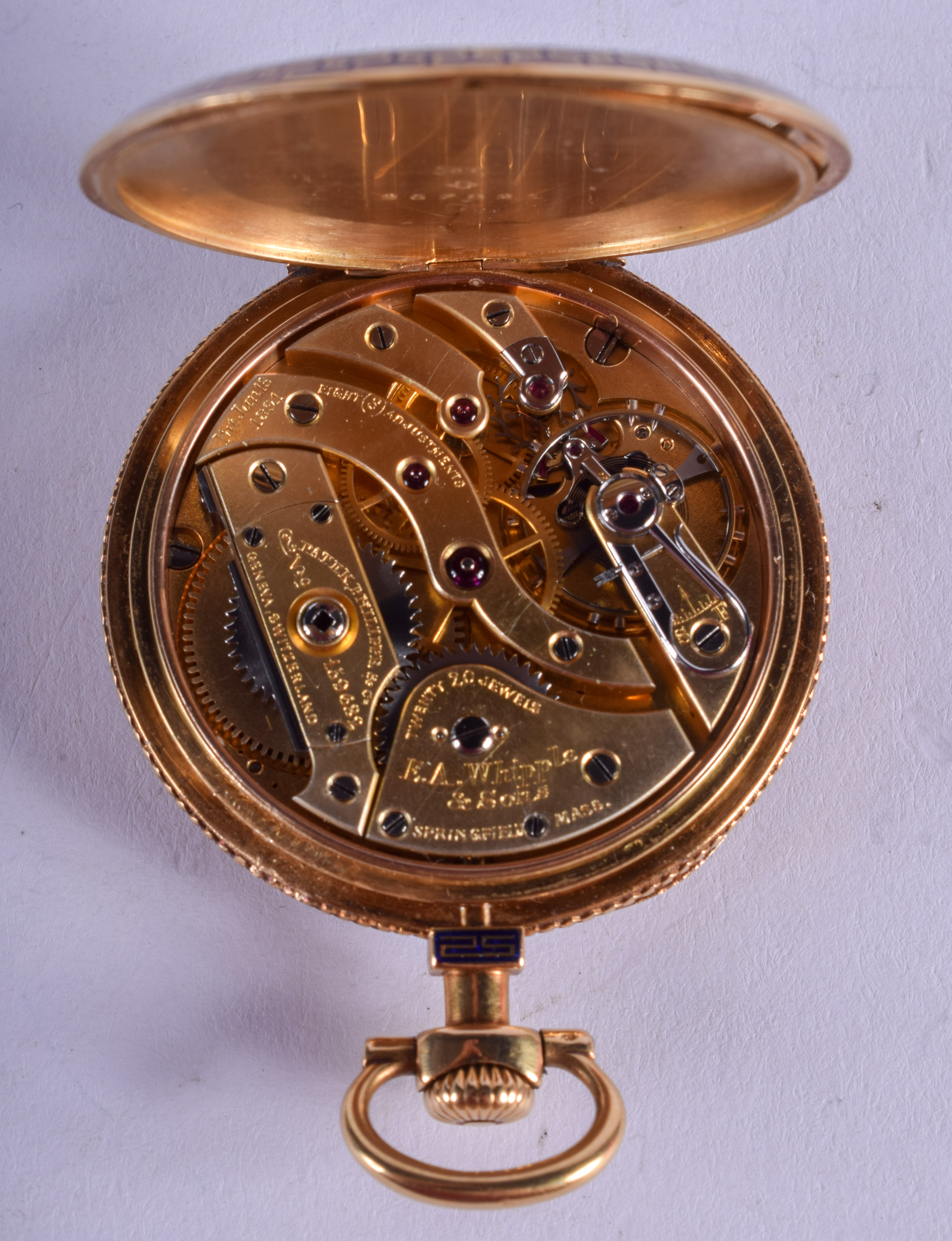 A FINE 18CT GOLD SWISS PATEK PHILIPPE ENAMEL POCKET WATCH with Greek key banding. 62.4 grams overall - Image 5 of 5