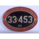 A RARE SOUTH AFRICAN RAILWAYS 33 – 453 RAILWAYANA SIGN. 52 cm x 35 cm.