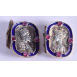 A PAIR OF RUSSIAN RUBY ENAMEL AND SILVER CUFFLINKS. 16 grams. 1.75 cm x 2.25 cm.