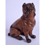 A CHARMING EARLY VICTORIAN CARVED FRUITWOOD FIGURE OF A PUG DOG modelled scowling standing on his fr