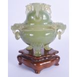 AN EARLY 20TH CENTURY CHINESE CARVED JADE CENSER AND COVER with mask head handles. Censer 13 cm x 12