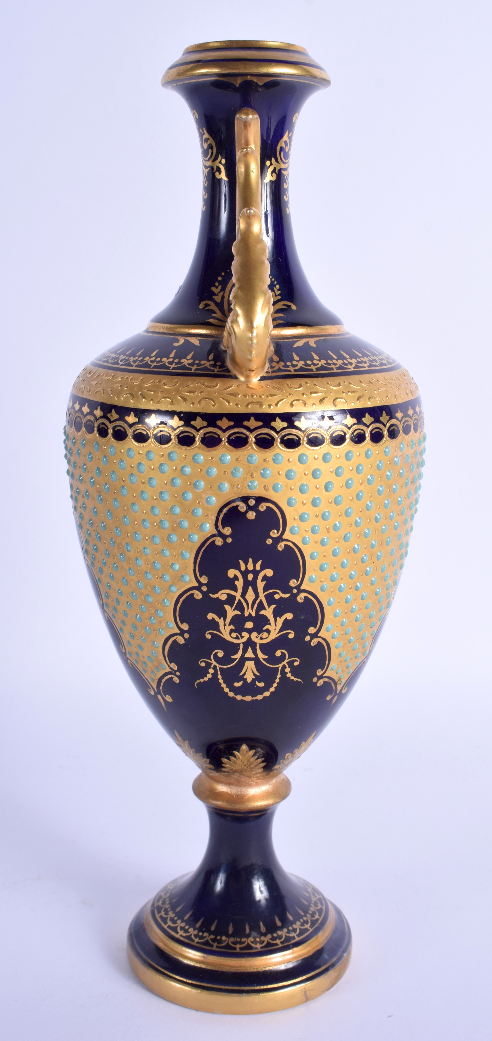 A 19TH CENTURY COALPORT TWIN HANDLED PORCELAIN VASE jewelled with turquoise sprays. 24 cm x 7 cm. - Image 2 of 6