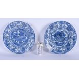 A LARGE PAIR OF 17TH CENTURY KRAAK BLUE AND WHITE PORCELAIN DISHES C1620 painted with precious objec