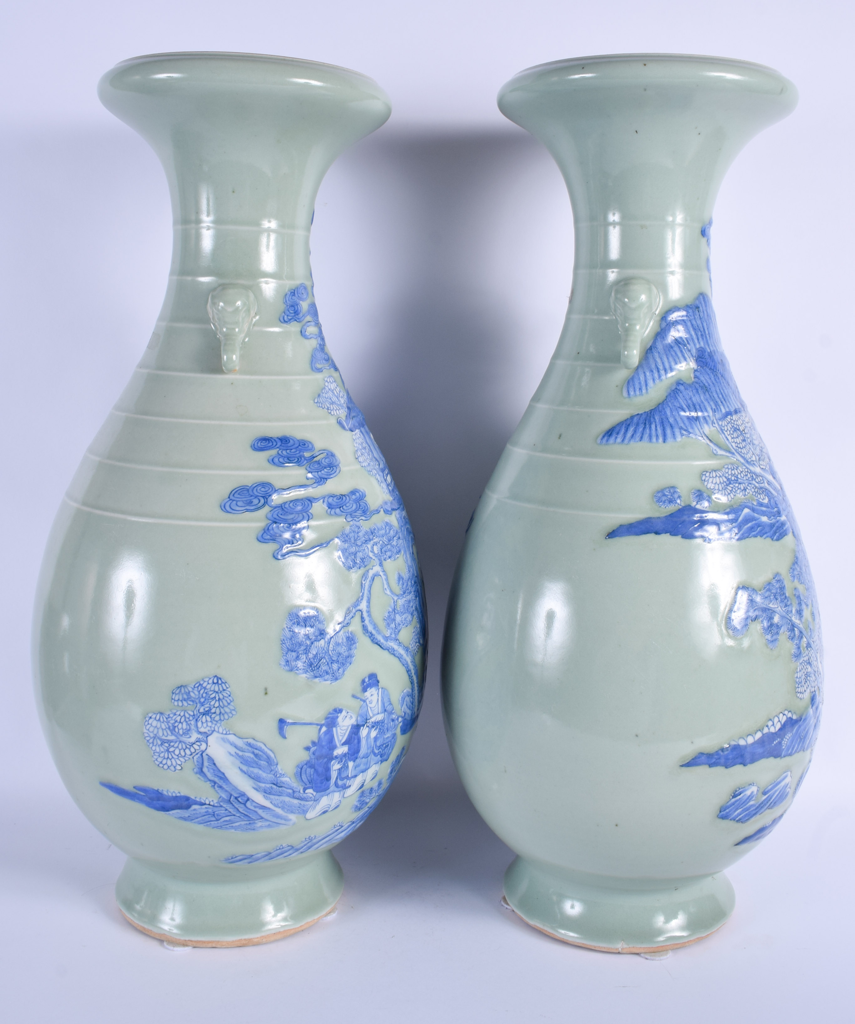 A LARGE PAIR OF 19TH CENTURY CHINESE CELADON BLUE AND WHITE VASES Late Qing, painted with figures in - Image 4 of 7