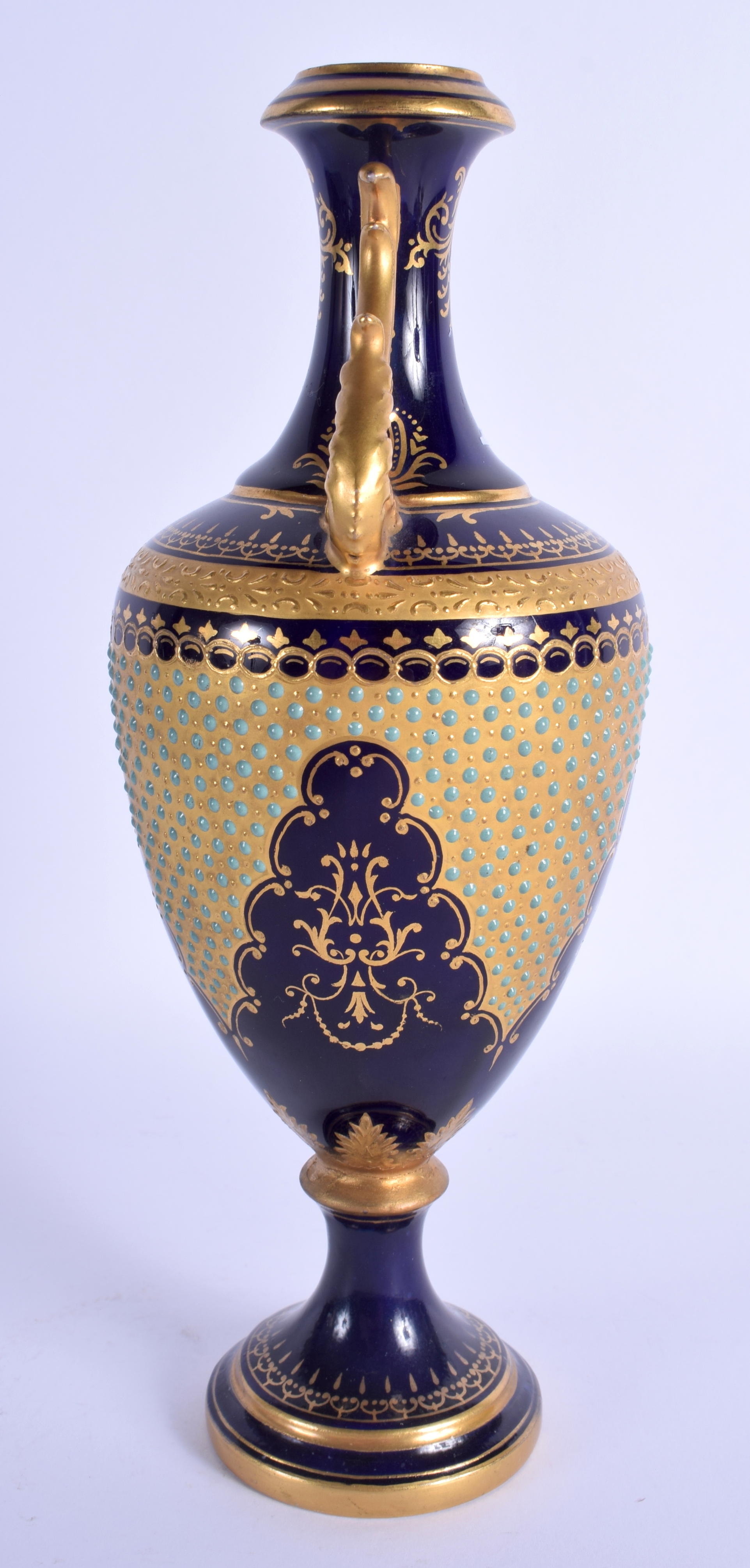 A 19TH CENTURY COALPORT TWIN HANDLED PORCELAIN VASE jewelled with turquoise sprays. 24 cm x 7 cm. - Image 4 of 6