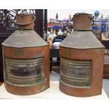 A PAIR OF VICTORIAN COPPER AND GLASS PORT & STARBOARD MARITIME LANTERNS. 56 cm x 35 cm.