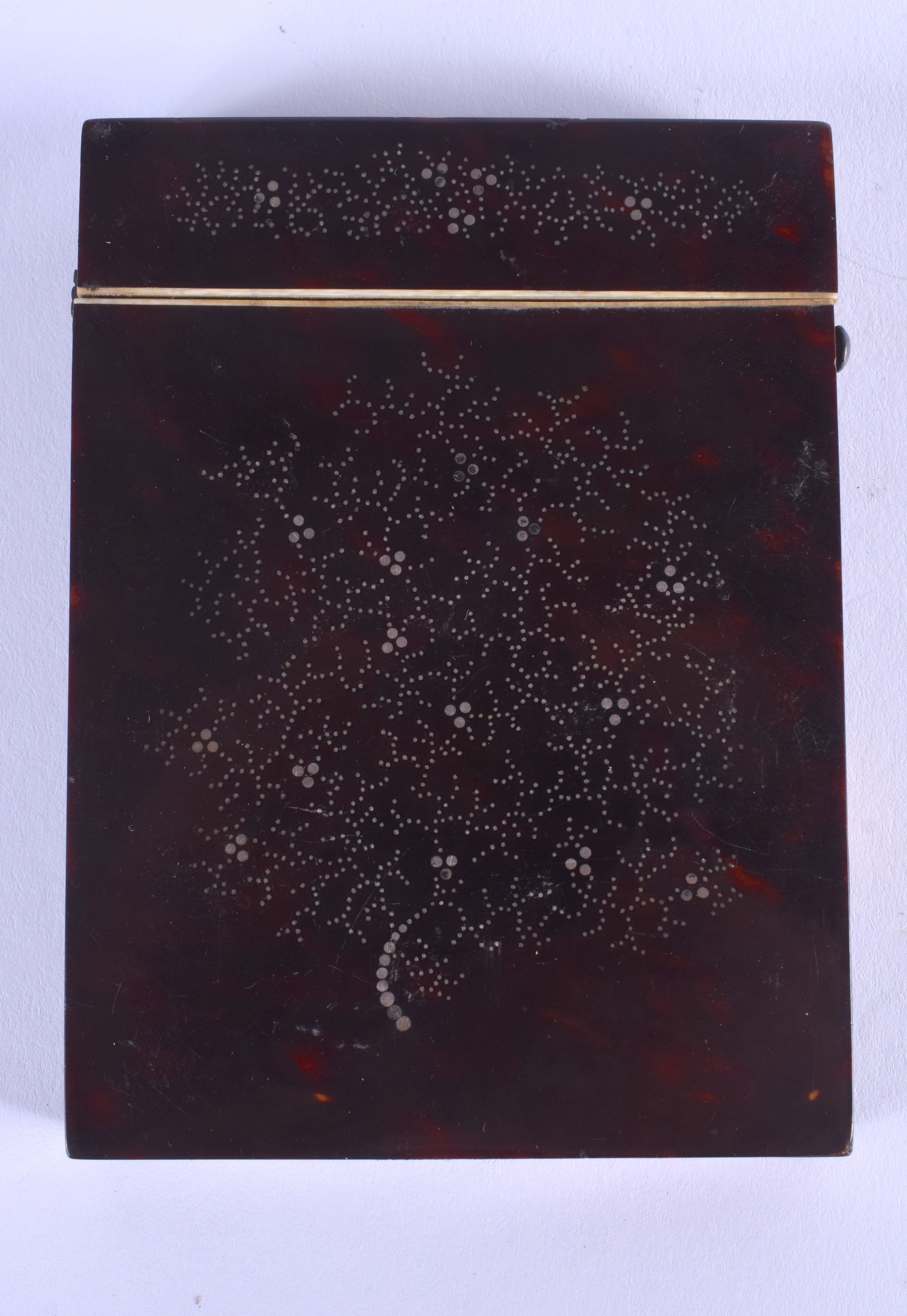 A REGENCY SILVER INLAID PIQUE WORK TORTOISESHELL CARD CASE. 7.5 cm x 9.5 cm.