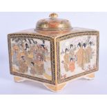 A 19TH CENTURY JAPANESE MEIJI PERIOD SATSUMA CENSER AND COVER painted with figures and foliage. 16 c