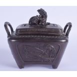 A 19TH CENTURY JAPANESE MEIJI PERIOD BRONZE CENSER AND COVER modelled in relief with fisherman, surm