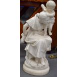 A LARGE 19TH CENTURY EUROPEAN CARVED WHITE MARBLE FIGURE OF A FEMALE modelled holding aloft a child.