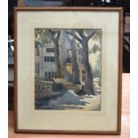 A 1940S FRAMED WATERCOLOUR Jean Greedy, street scene. 32 cm x 26 cm.