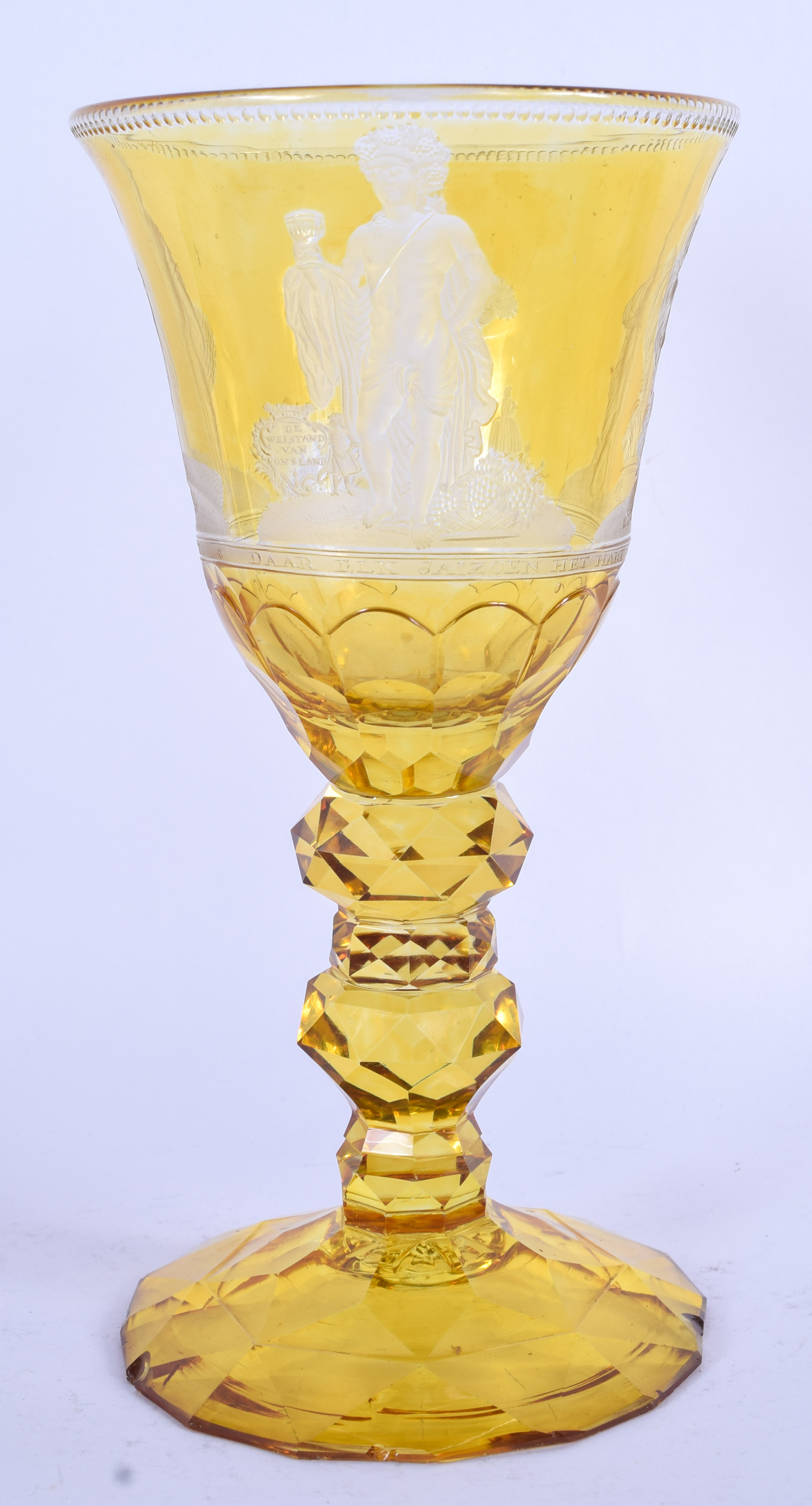 A FINE 18TH/19TH CENTURY BOHEMIAN AMBER GLASS GOBLET wonderfully carved with figures within landscap - Image 2 of 2