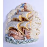 A RARE 1930S BES WICK POTTERY WALL POCKET depicting a galleon. 21 cm x 24 cm.