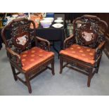 A PAIR OF 19TH CENTURY CHINESE HONGMU AND MARBLE CHAIRS Qing, decorated with bats, birds and fruitin