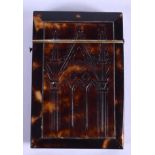 A REGENCY PRESSED TORTOISESHELL CARD CASE AND COVER depicting a building. 7.5 cm x 9 cm.