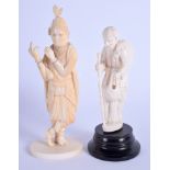 A 19TH CENTURY ANGLO INDIAN CARVED IVORY BUDDHISTIC MUSICIAN together with an ivory begger. Largest