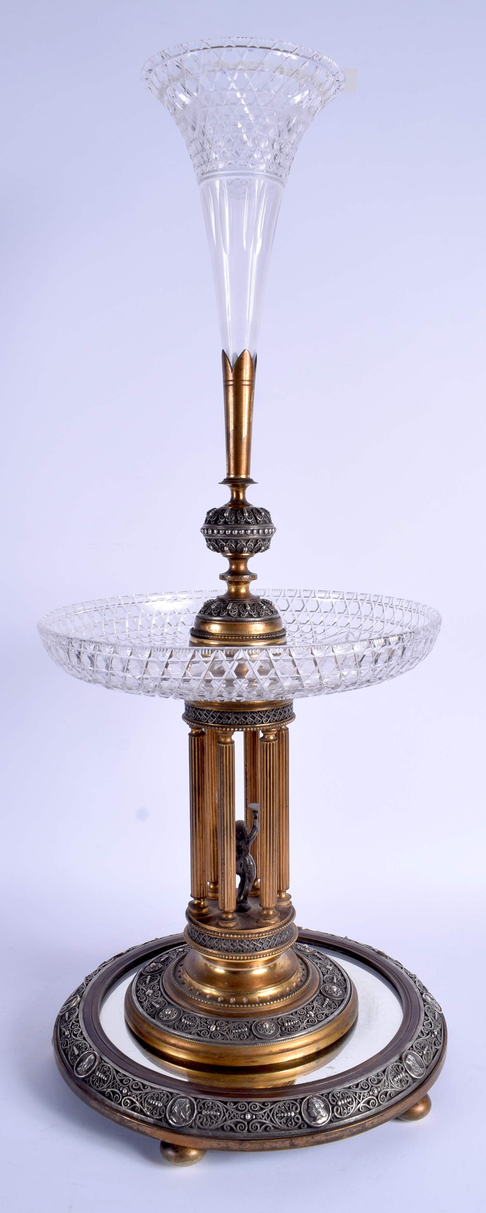 A LARGE 19TH CENTURY ENGLISH SILVER PLATED BRASS PEDESTAL CUT EPERGNE formed as a figure holding alo - Image 3 of 6