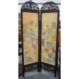 A LARGE 19TH CENTURY CHINESE CARVED HONGMU TWO FOLD WATERCOLOUR SCREEN Qing, painted with figures an