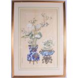 A LARGE 19TH CENTURY CHINESE FRAMED WATERCOLOUR ON SILK Qing, depicting cloisonne urns and planters.