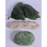 A 19TH CENTURY CHINESE CARVED JADEITE PLAQUE together with two other jade carvings. Largest 6 cm x 3